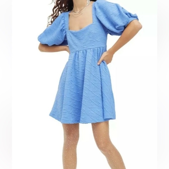 Free people violet blue puff sleeve mini dress sky blue size M tie back bow - Picture 1 of 10